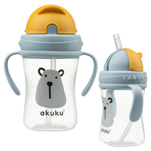 Akuku fľaška so slamkou Medveď 300ml, sivá