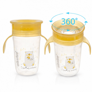 Akuku hrnček 360˚ Macko 240ml, žltý