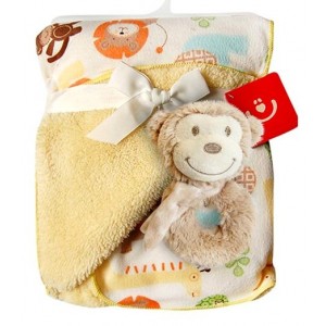 Obojstranná deka Bobo Baby s hrkálkou, žltá